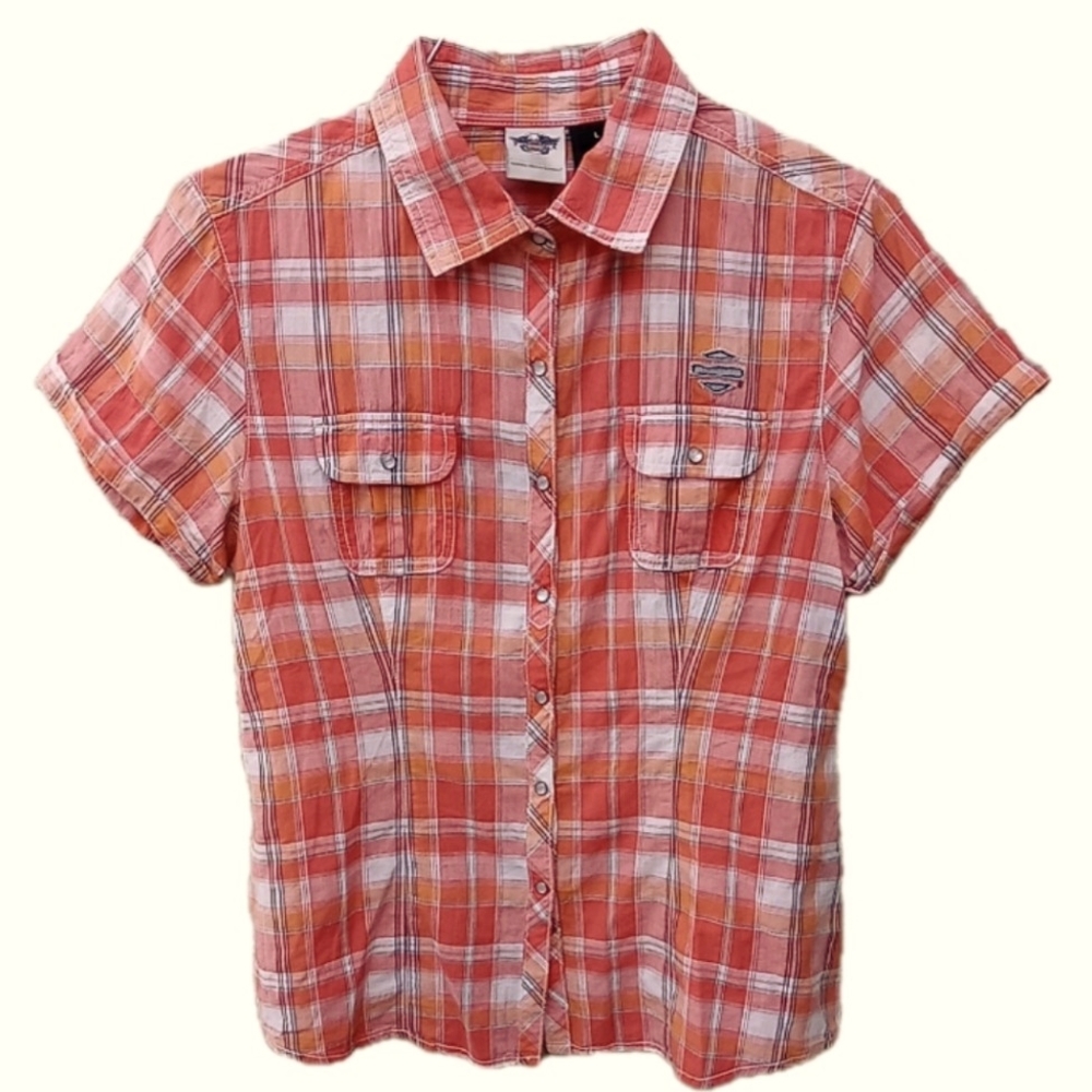Harley Davidson Pink Peach Orange Short-Sleeved Womens Button Down Shirt